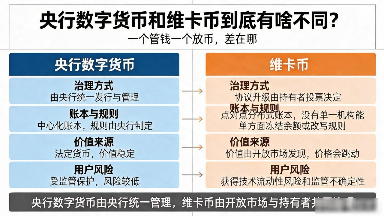 央行数字货币和维卡币到底有啥不同？一个管钱一个放币，差在哪